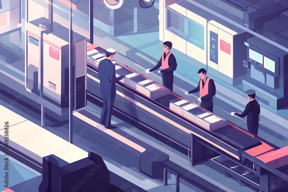 Aufkleber flat style characters inspecting on conveyor belt in modern factory setting