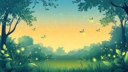 Obraz premium Enchanting Firefly Forest at Sunset Magical Summer Evening Landscape Illustration