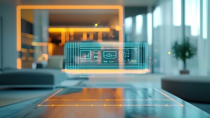 Futuristic smart home interface hovering over a modern coffee table in a stylish living room.