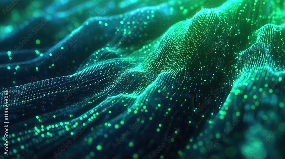 Poster abstract teal and green glowing particle wave background digital art texture for technology, science