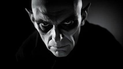 Obraz premium Man with dark face. Vampire man black background movie pale. A man in a dark robe and a pale vampire in a lifestyle movie.