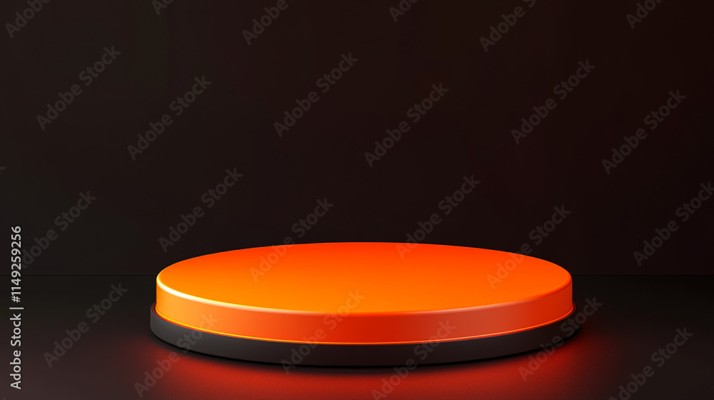 Poster platform for display with vibrant orange lighting in dark environment.