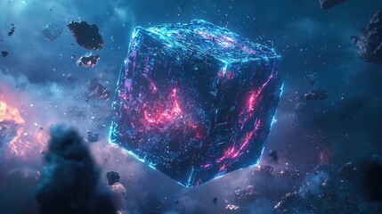Glowing blue and pink cube floats in space amidst cosmic debris.