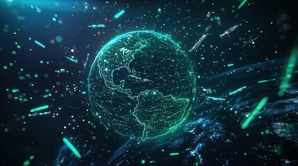 Obraz premium Global network connection, digital earth with glowing lines and particles.