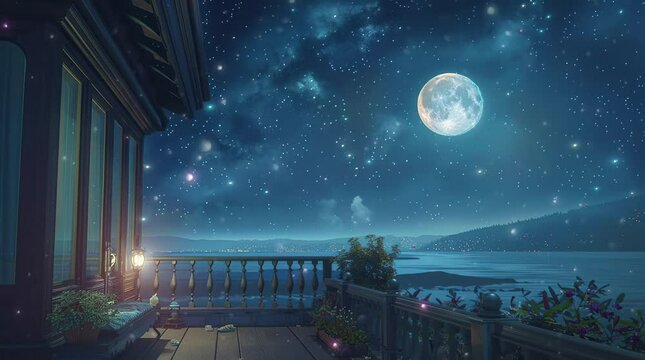 Serene balcony with lush greenery under the full moon, peaceful night ambiance  
Seamless looping 4k time-lapse virtual video animation Generated AI
