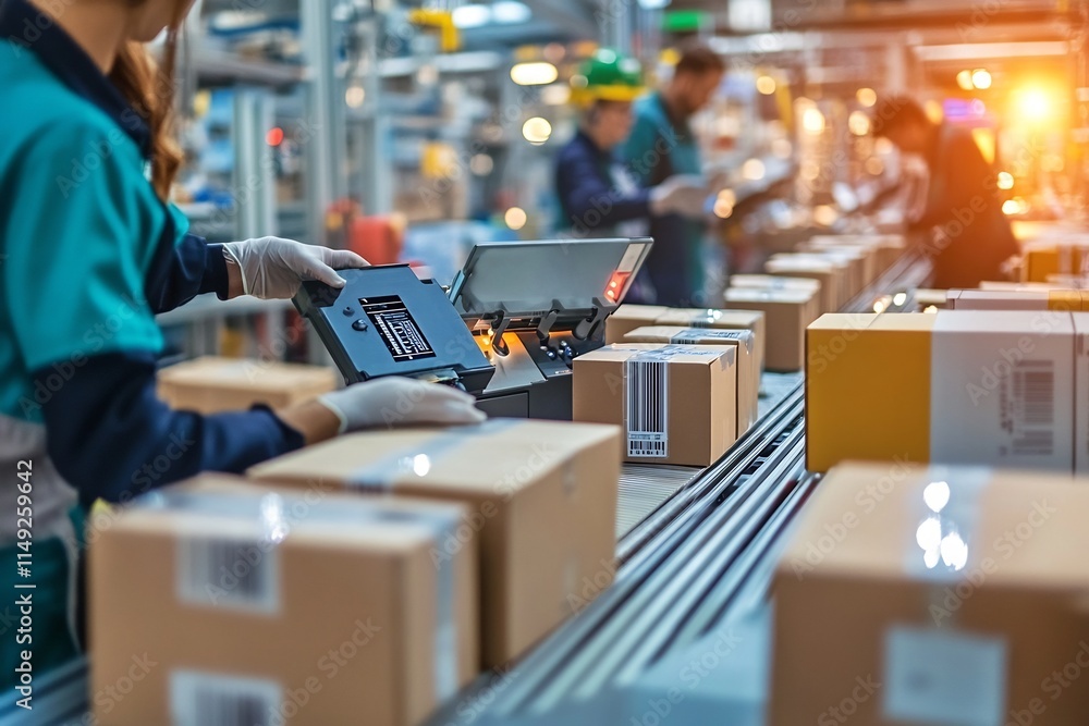 Poster factory workers scanning and labeling products on automated production line