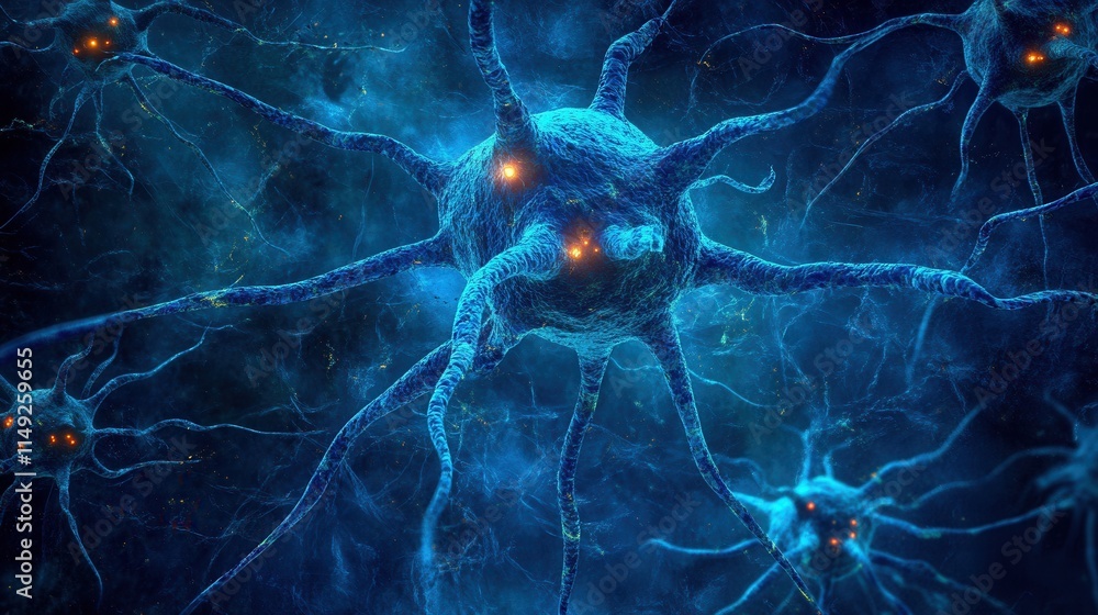 Poster microscopic view of neuron network 3d render of vibrant blue neural connections with glowing synapse
