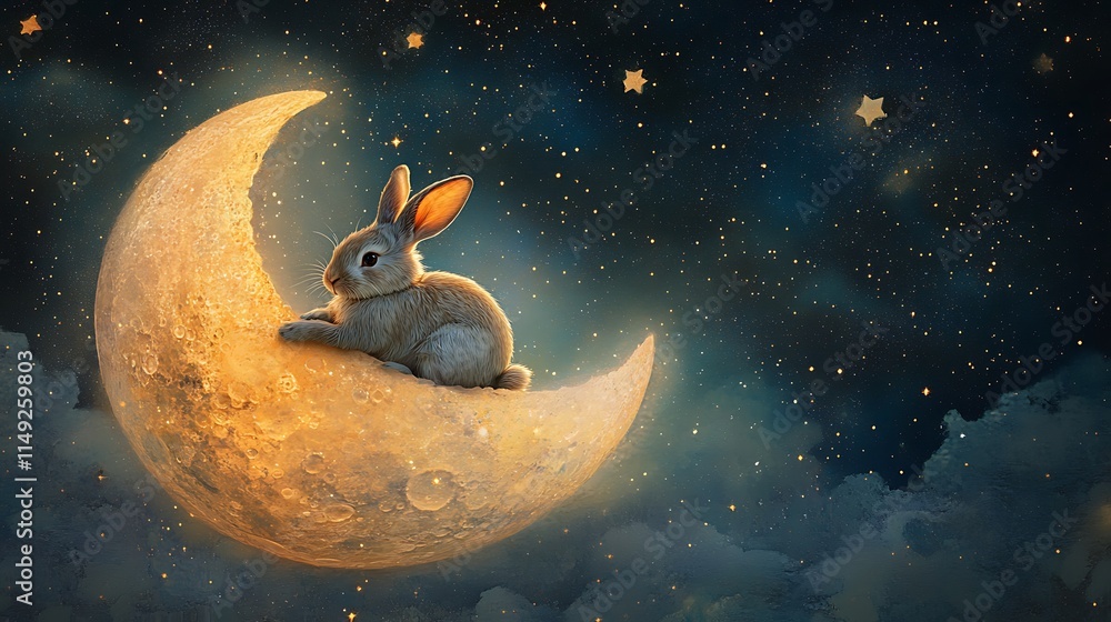 Wall mural whimsical rabbit lounging on a softly glowing floating moon in a starlit celestial scene