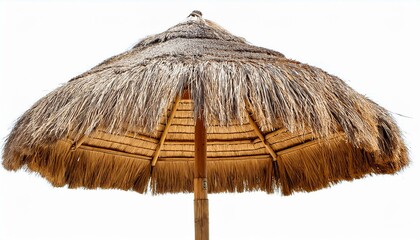Tropical thatched beach umbrella, isolated on white background - umbrella isolated on white background