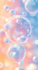 Iridescent bubbles floating on pastel background.