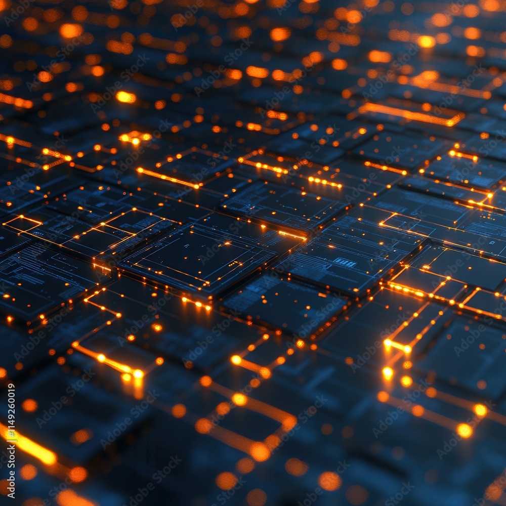 Poster abstract futuristic technology background glowing orange circuit board texture with digital data str