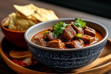 Spicy beef curry in a bowl with crispy crackers.