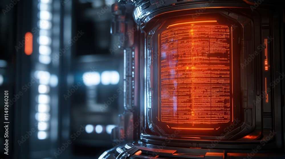 Aufkleber futuristic server rack with glowing orange data stream - sci-fi technology background image