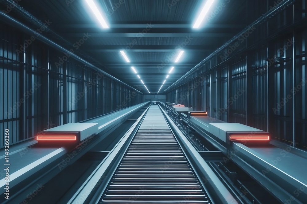 Poster automated conveyor belt transporting goods through futuristic sorting system hallway