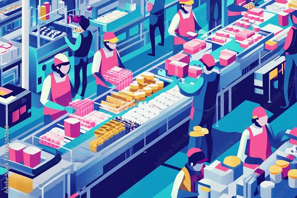 Poster organized assembly line workers packing products into boxes in a factory production process