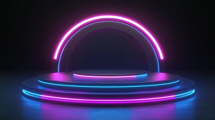 Futuristic Neon Glow Stage Platform Abstract 3D Render with Vibrant Pink and Blue Lighting for Product Display, Presentation, or Background