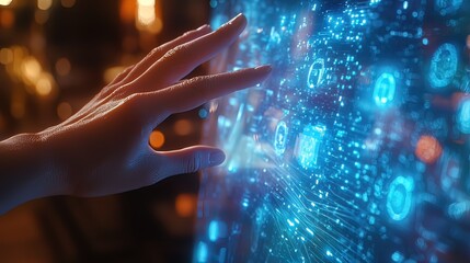 Hand interacting with a futuristic holographic interface displaying data streams and symbols.
