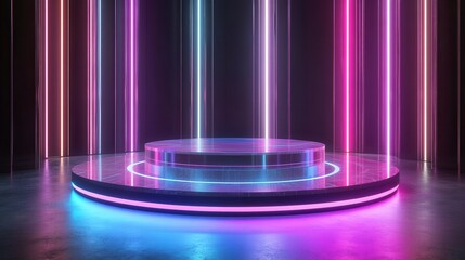 Futuristic Neon Cyberpunk Stage Podium Glowing Pink and Blue Circular Platform with Reflective Surface and Vertical Light Streaks for Product Display or Presentation