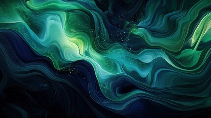 Abstract Teal and Green Swirling Waves with Glowing Particles Digital Art Background Texture