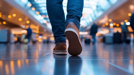 Fototapeta premium Person walking in a bright airport terminal.