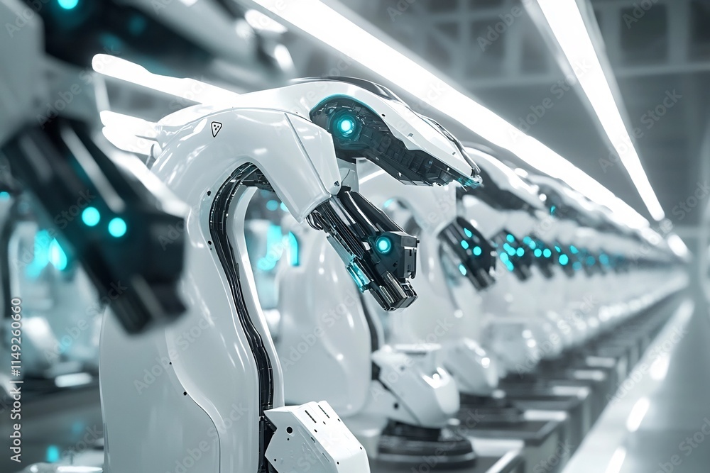 Poster futuristic automotive factory showcasing robotic arm automation in car part assembly