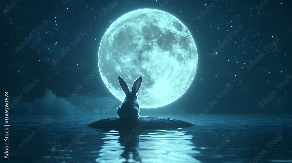 Wall mural realistic glowing moon floating serenely with an adorable rabbit sitting on its edge