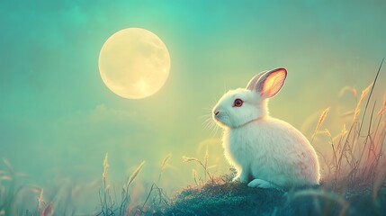 Moon rabbit basking in the soft light of a glowing floating moon against a tranquil sky