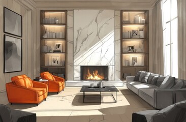 Luxurious living room with fireplace, marble, and orange armchairs.