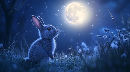 Cute rabbit looking skyward from a luminous floating moon in a magical twilight setting