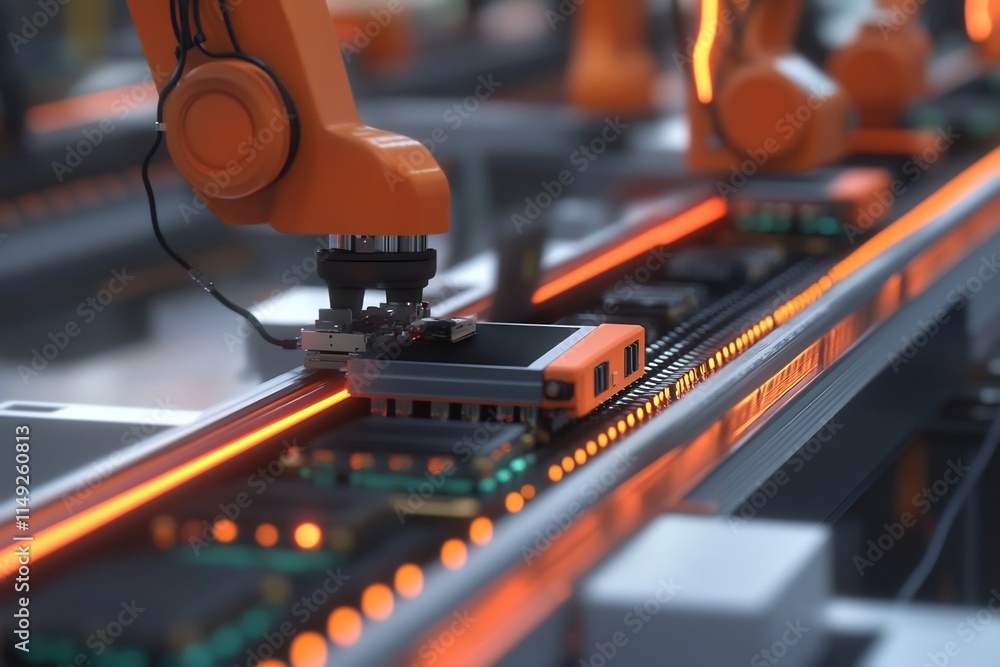Aufkleber workers assembling electronics on a conveyor belt in a high tech factory
