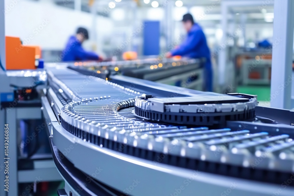Poster workers assembling electronics on conveyor belt in high tech factory