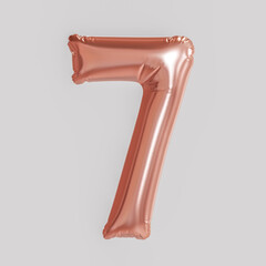 Number seven balloon on white background, rose gold foil balloon, 3d render.