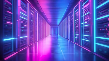 Fototapeta premium Neon-lit server room corridor with rows of data storage racks.