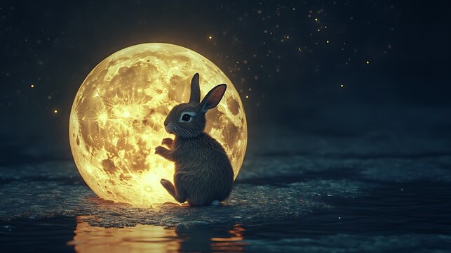 Adorable rabbit hopping across the surface of a glowing realistic floating moon