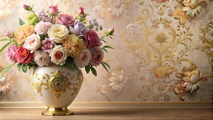 Ornate Vase Filled with a Bountiful Bouquet of Pastel Roses and Daisies Against a Decorative Wall