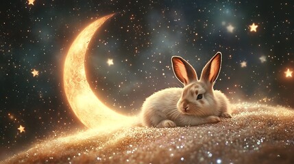 Cute rabbit resting on a glowing floating moon amidst a galaxy of sparkling stars