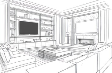 Luxury living room sketch, fireplace, built-in shelves, TV.