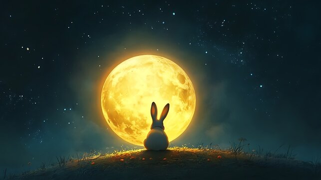 Soft glowing moon floating serenely with an adorable rabbit perched on its surface