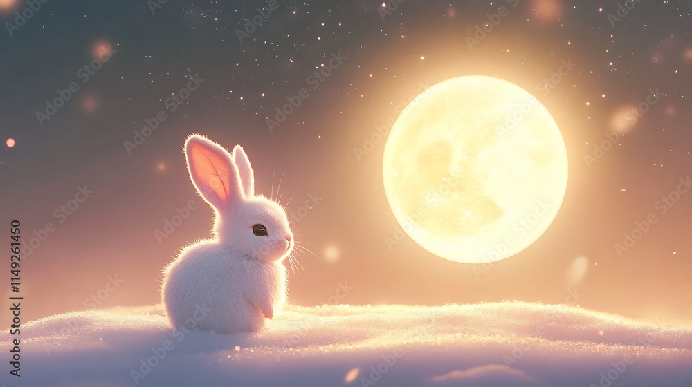 Wall mural cute rabbit enjoying the soft glow of a realistic floating moon amidst a celestial backdrop