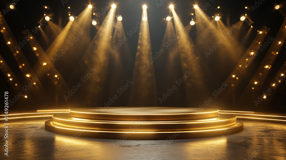 Poster stage with bright spotlights and illuminated circular platform ready for performance.