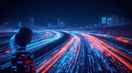Futuristic city highway at night. Light trails of vehicles. Binary code flows across road. Woman stands in urban area with high-tech digital data highway. Dynamic illustration of future city. Night