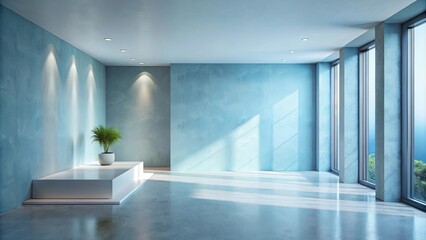 Fototapeta premium Serene Minimalist Interior Design with Sunlit Walls and Floor, featuring a Plant on a White Plinth