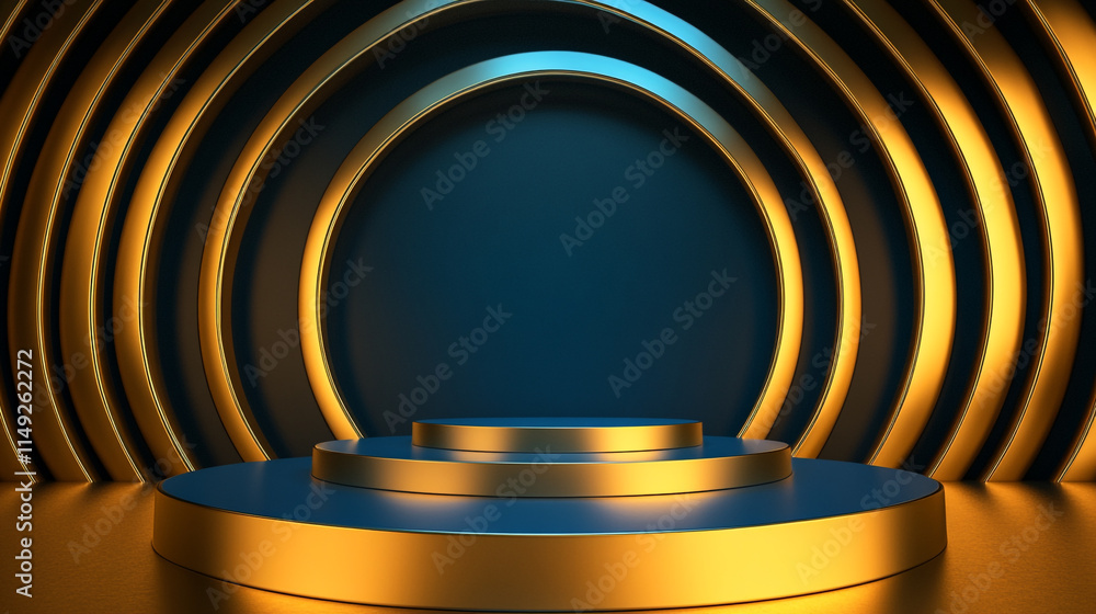 Poster stunning stage design with golden circular patterns and a blue backdrop.
