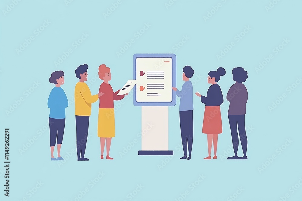 Poster flat style character presenting a business document to a group on a digital screen for professional