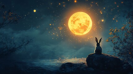 Floating moon glowing warmly with a rabbit enjoying the serenity of a celestial backdrop