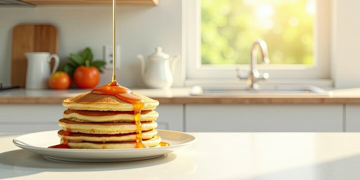 A stack of fluffy pancakes drizzled with golden syrup on a pristine white plate, bathed in warm sunlight, set against a blurred kitchen backdrop