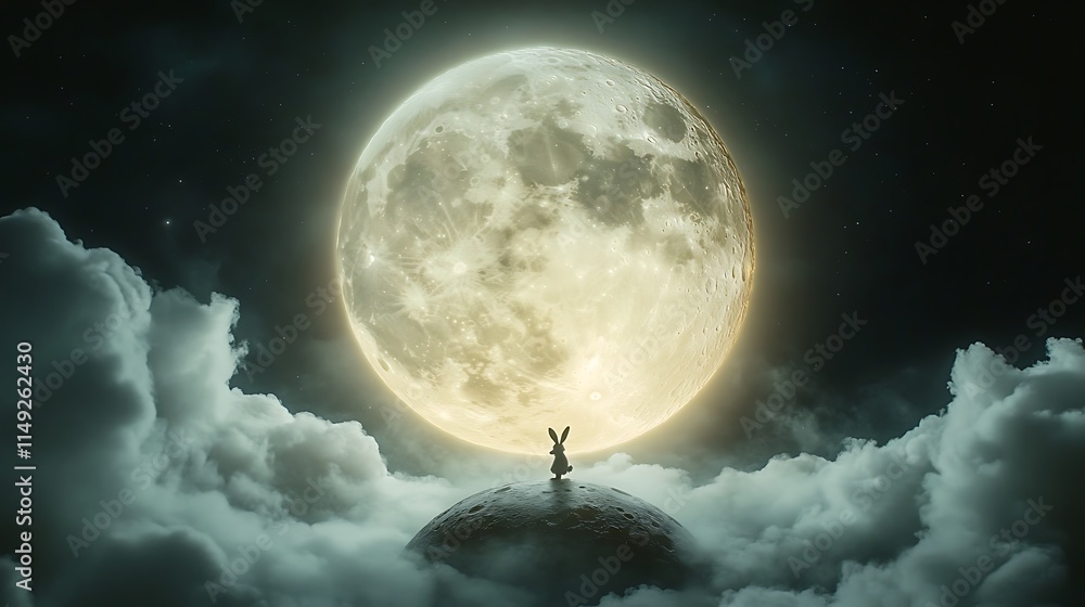 Wall mural realistic floating moon with a playful rabbit hopping across its glowing surface