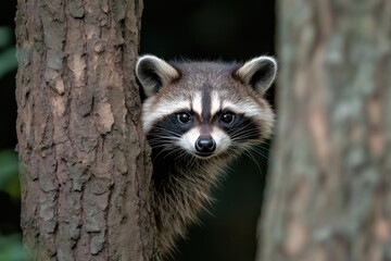 Obraz premium Cute raccoon peeks from behind tree trunk. Animal looks curious, playful. Close-up photo shows fur details, face. Wildlife scene in natural environment. Possible outdoor park setting. Adorable mammal