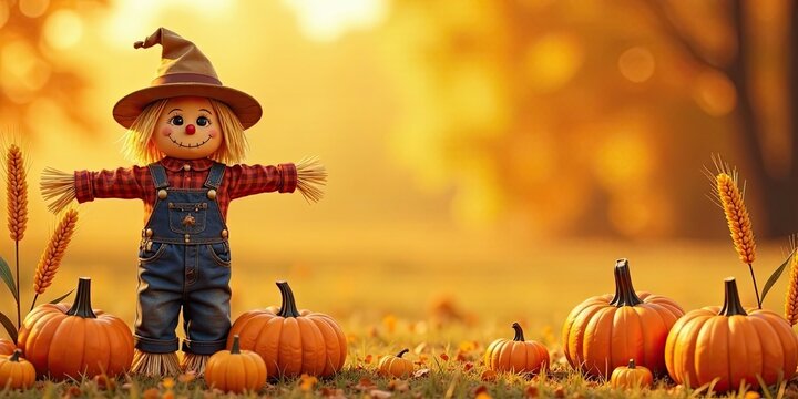 Friendly scarecrow standing in autumn field amongst pumpkins and wheat stalks at sunset