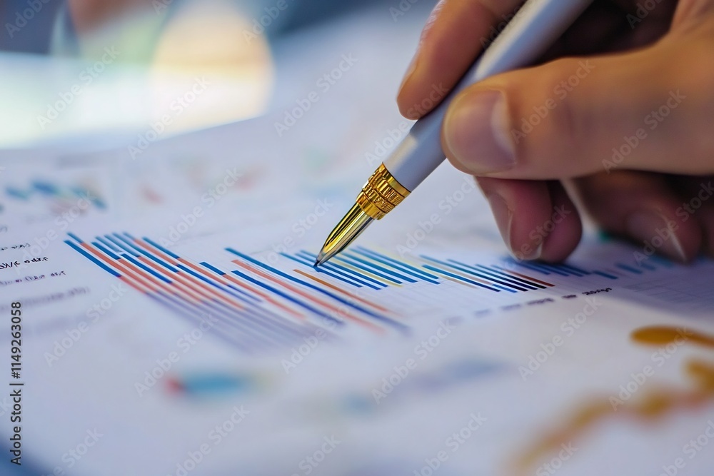 Poster researcher analyzing printed reports filled with graphs and data in a laboratory setting focusing